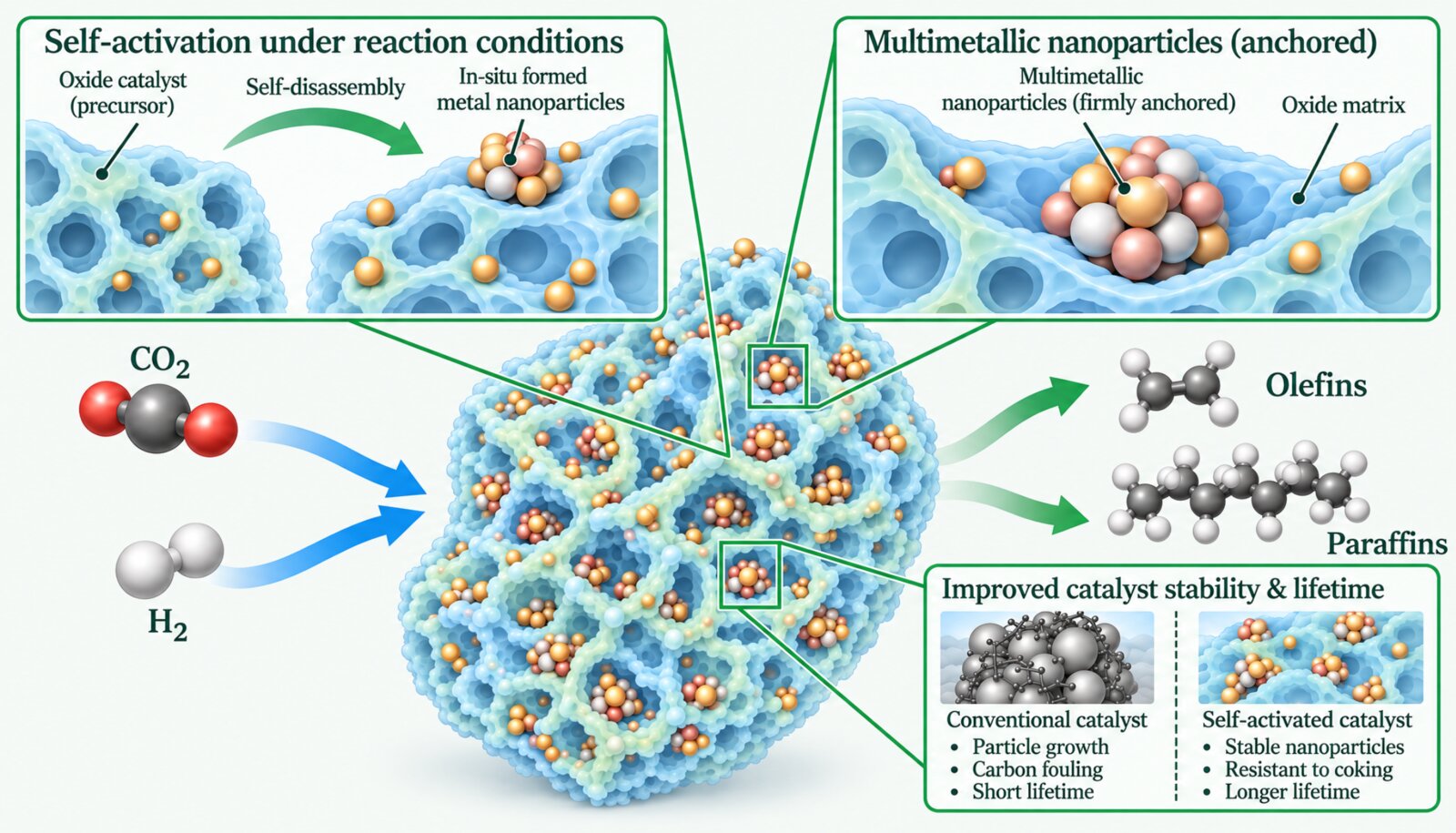 EXACT infographic: self-activating oxide catalysts convert CO₂ and H₂ into olefins and paraffins via in-situ exsolved multimetallic nanoparticles