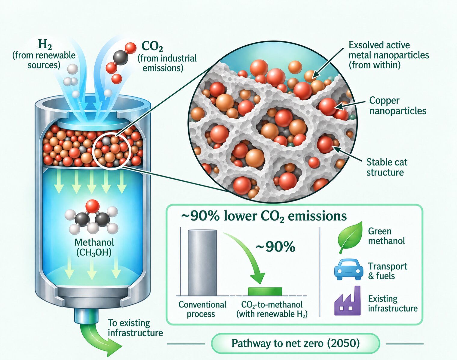 SuperCat infographic: CO₂ and renewable H₂ converted to methanol over exsolved catalysts with about 90% lower CO₂ emissions on the pathway to net zero 2050